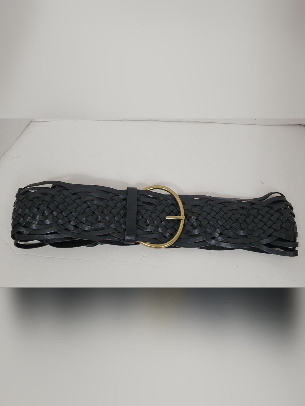Tarnish Thick Black Braided Leather Womens Chunky Belt size Small Brass Buckle